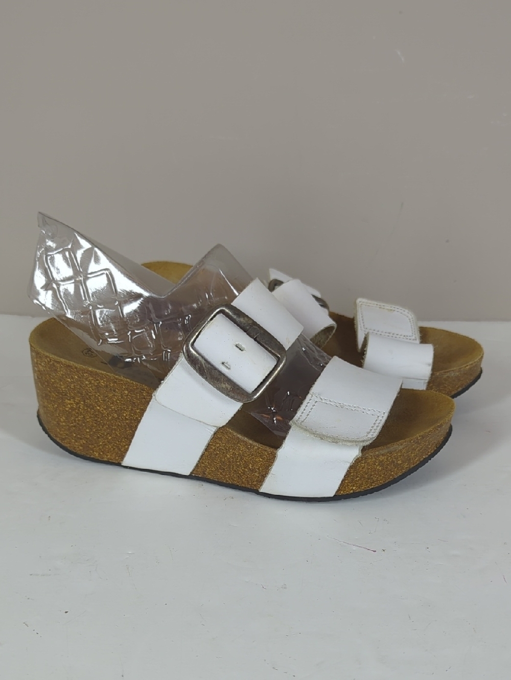 Browns Leather Women’s White Cork Wedge Slide Sandals with Buckle 37